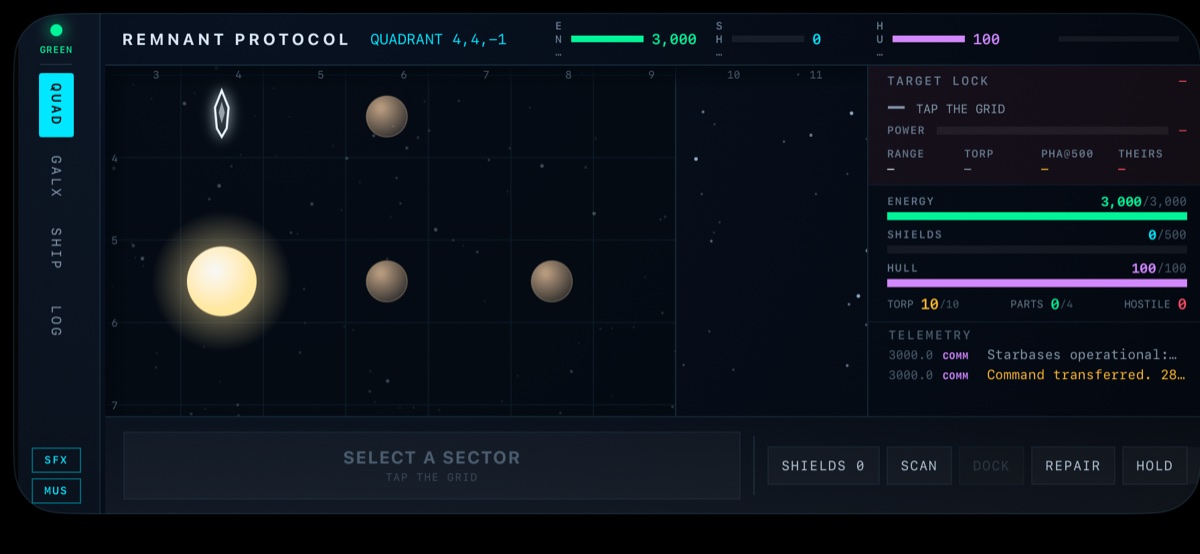 Remnant Protocol sector view with the player ship, planets and a star